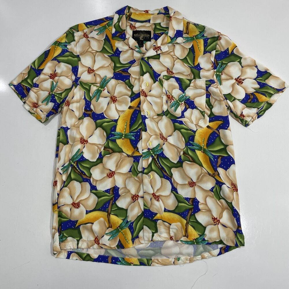 Bayou Wear Button Up Shirt Men’s S Multicolor Magnolia Dragonfly Jazz Fest Rayon